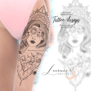 Tattoo Design | Instant Download | Face Flower Bee Mandala | Printable Tattoo Stencil