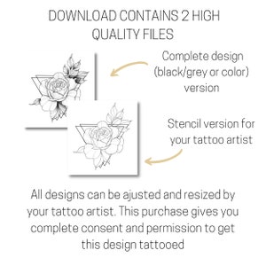 Pu&ograve; includere: Due file digitali per un design di tatuaggio di rosa. Un file &egrave; un design completo in bianco e nero o a colori. L'altro file &egrave; una versione stencil per un tatuatore. Il testo dice "Download contains 2 high quality files".