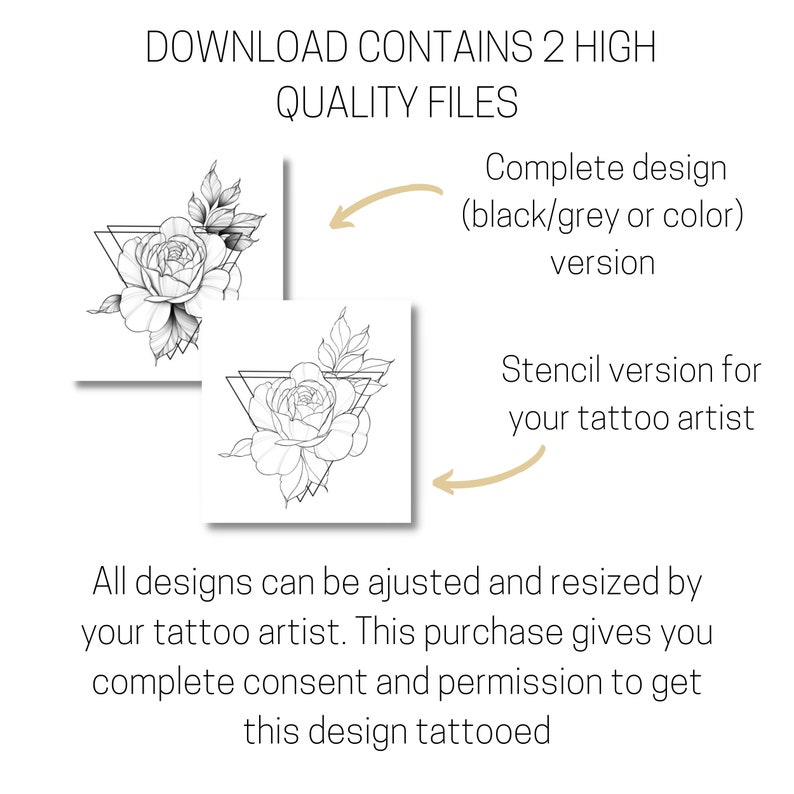 Pu&ograve; includere: Due file digitali per un design di tatuaggio di rosa. Un file &egrave; un design completo in bianco e nero o a colori. L'altro file &egrave; una versione stencil per un tatuatore. Il testo dice "Download contains 2 high quality files".