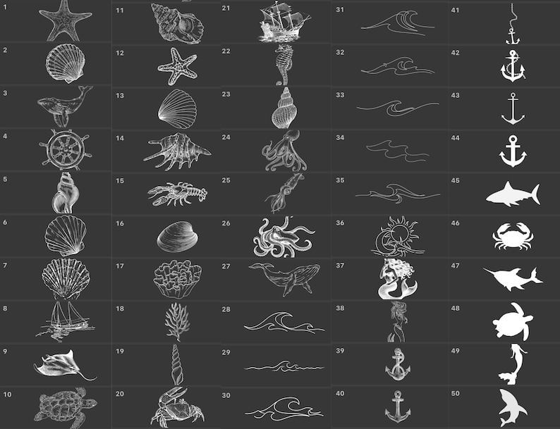 100 Procreate Stamps Tattoo Brushes Sea Ocean Animal Shell Fish Wave ...