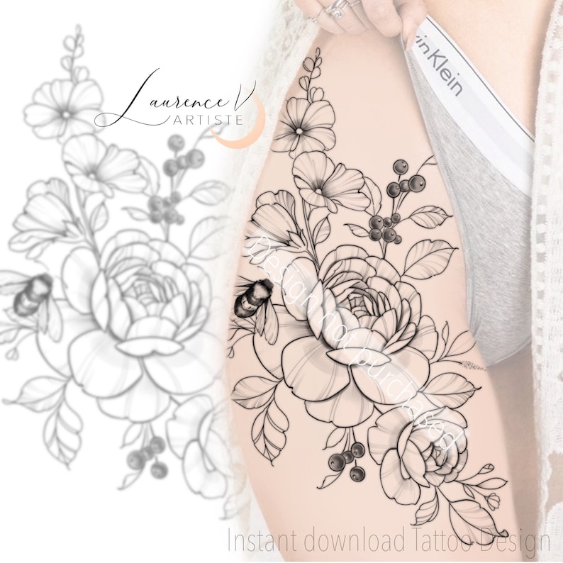 Instant Download Tattoo Design Peonies Bee and Berries - Etsy Canada