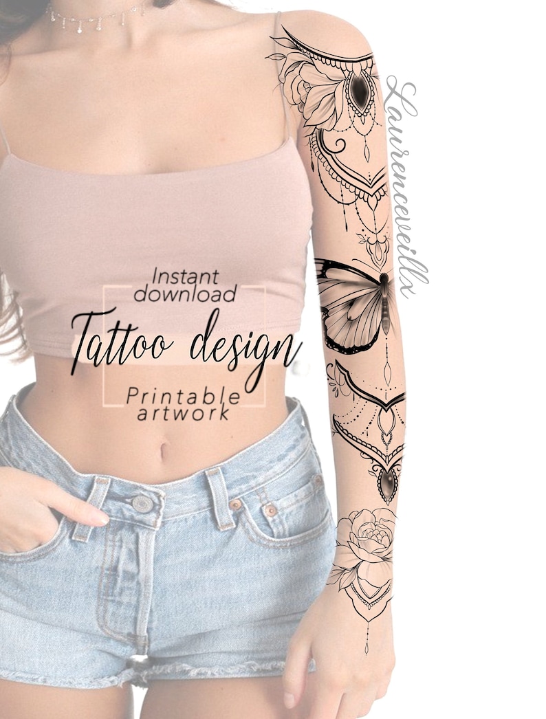 Sleeve Tattoo Design for Women | Flower Ornamental Butterfly Floral Bouquet Tattoo Ideas Drawing Stamps | Tattoo Stencil Flash Outline image 2