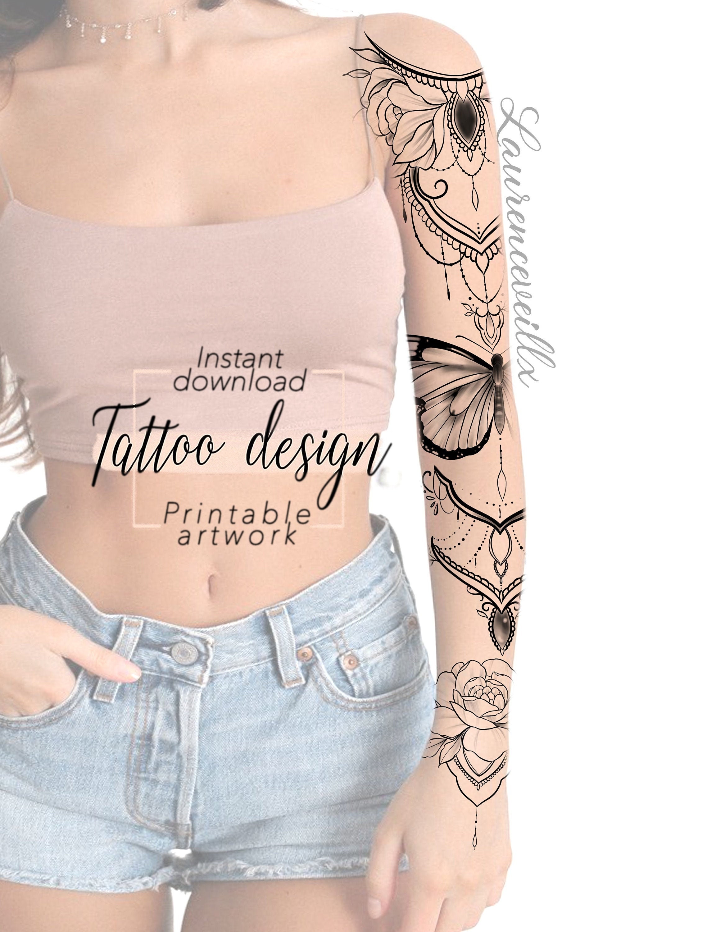 Tattoo Design Floral Butterfly Sleeve Digital Female Flower Etsy