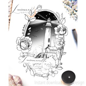 Tattoo Design | Instant Download | Lighthouse, Starry Sky and Flowers | Tattoo Stencil