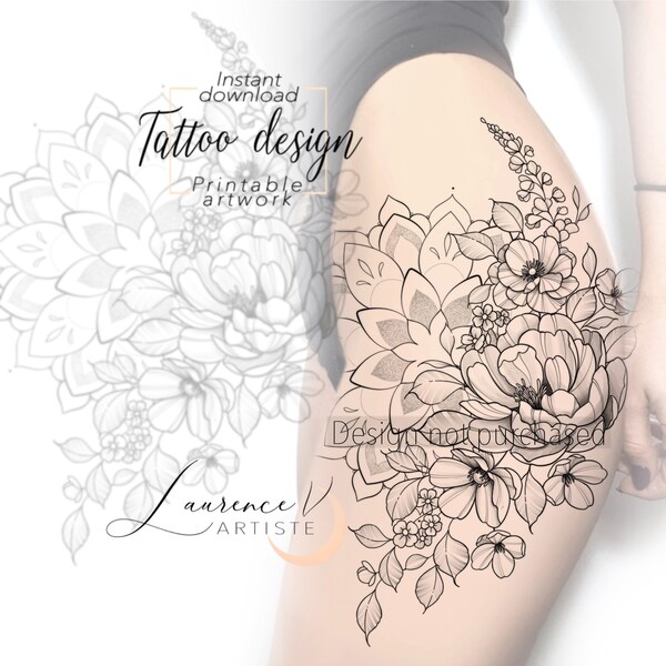 Tattoo Design | Instant Download | Flowers and Mandala | Printable Tattoo Stencil