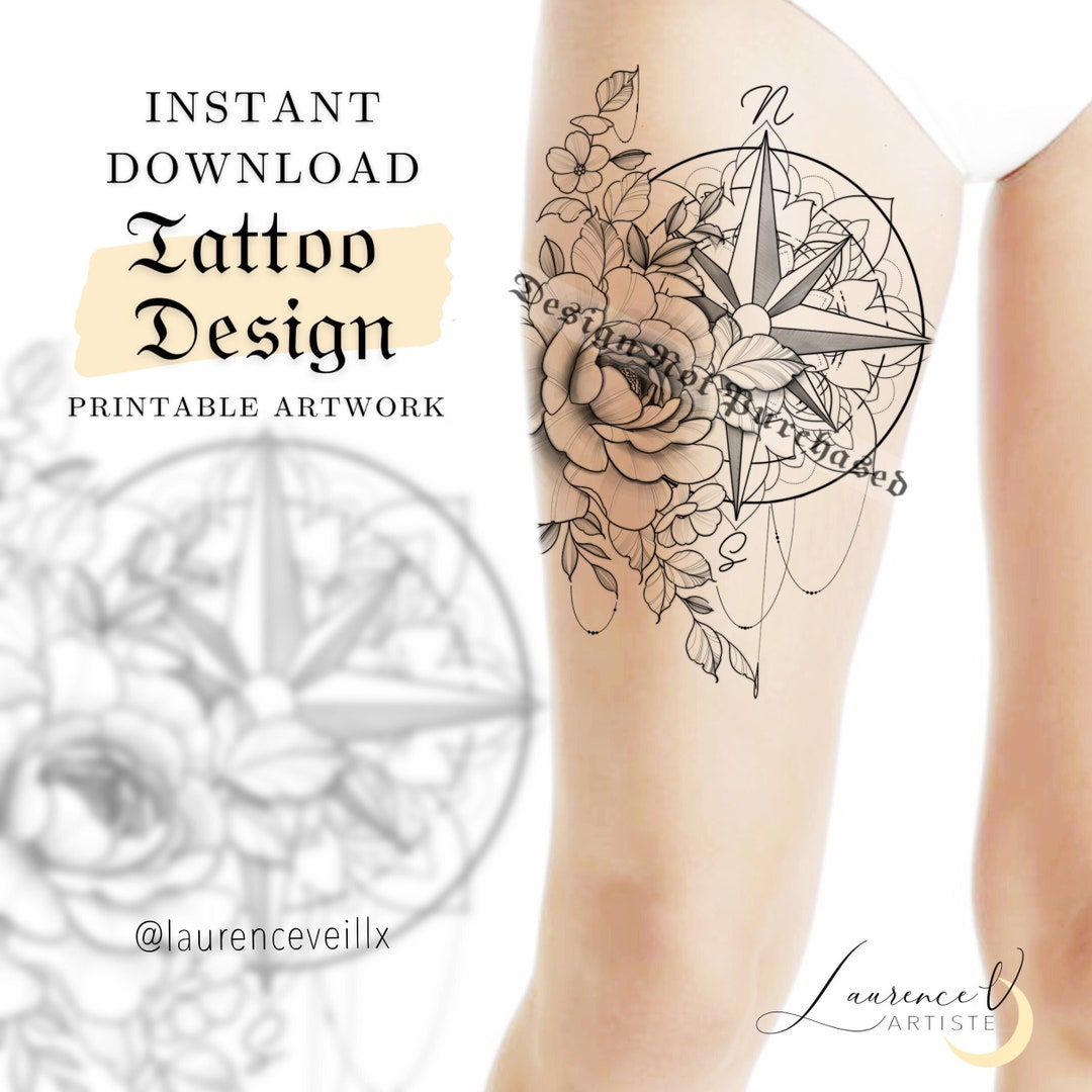Instant Download Tattoo Design Compass Mandala and Flowers - Etsy Instant Download Tattoo Design Compass Mandala and Flowers - Etsy