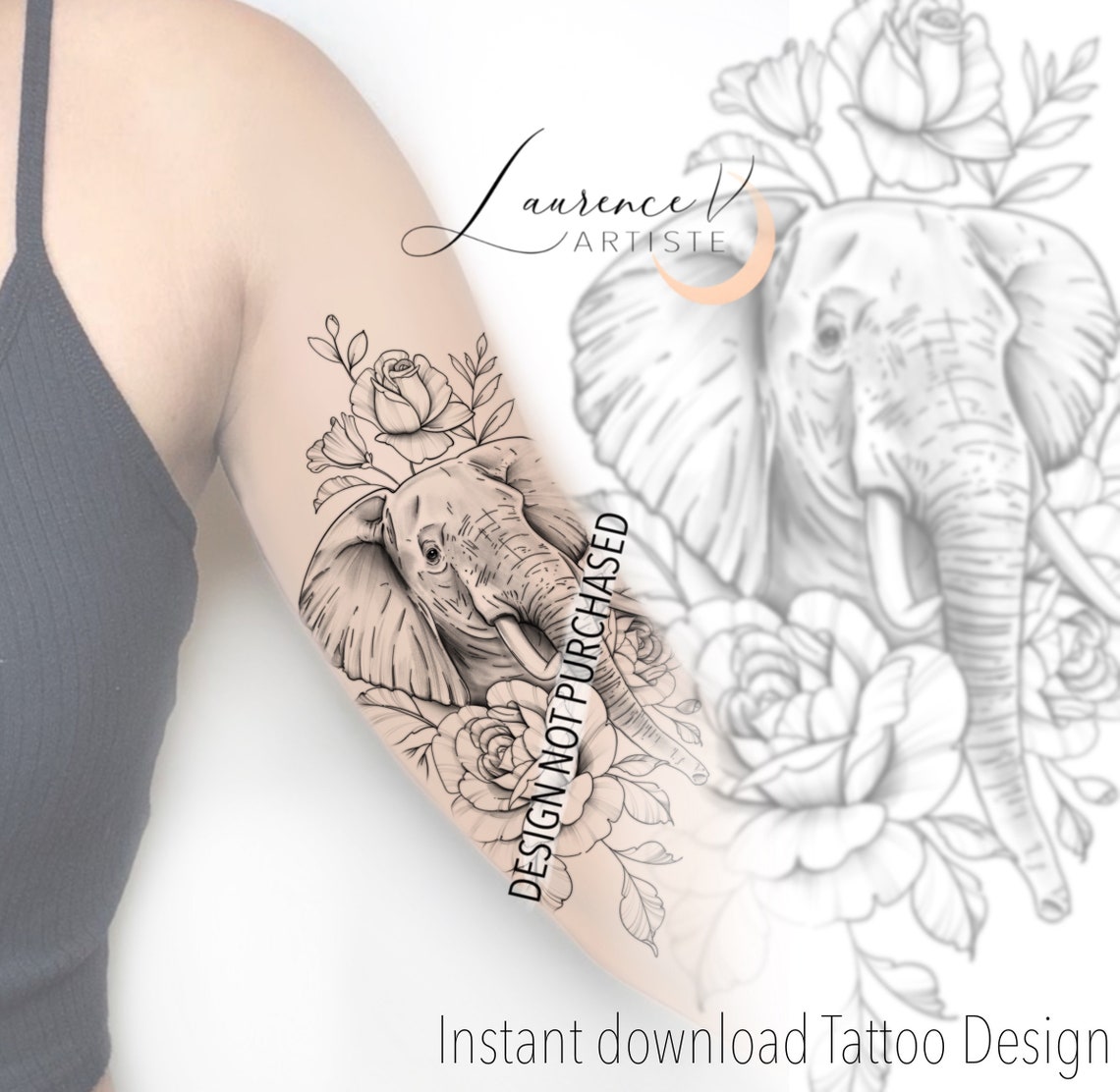 Instant Download Tattoo Design Elephant and Roses Tattoo - Etsy