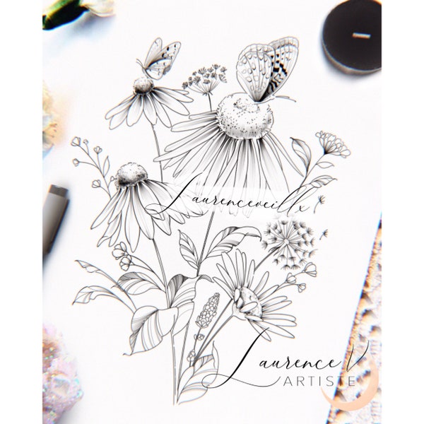 Instant download Tattoo Design | Butterflies and Wildflowers Tattoo | Printable Stencil Template