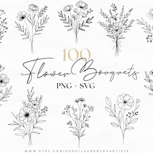 100 個の花束 PNG SVG バンドル |ウェディングフラワー |花のタトゥー |誕生花の花束 svg |植物の SVG クリップアート | Cricutカットファイル