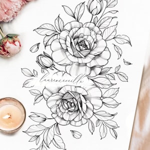 Design de tatuagem de buquê de flores rosas para mulheres | Idéias para desenho de arte de tatuagem feminina de linha fina botânica | Flor de nascimento de junho | Download Digital