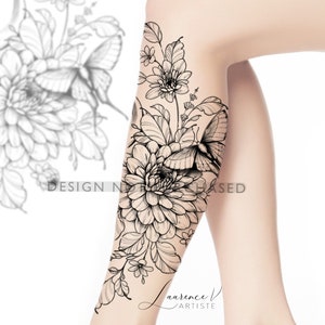 May include: Black and white line art tattoo design of a floral bouquet with butterflies on a woman's leg. The design features a large flower, smaller flowers, leaves, and butterflies.