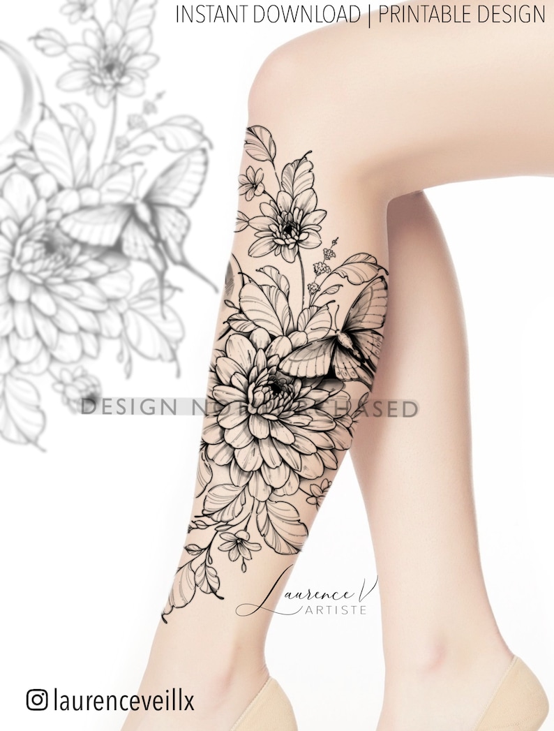 May include: Black and white line art tattoo design of a floral bouquet with butterflies on a woman's leg. The design features a large flower, smaller flowers, leaves, and butterflies.