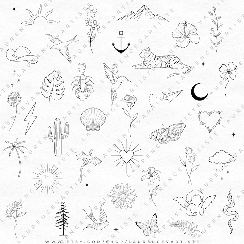 May include: A selection of black line art illustrations. The designs include a sun, flowers, mountains, an anchor, a tiger, a hummingbird, a cactus, a butterfly, a heart, and other nature-inspired elements. The illustrations are on a white background.