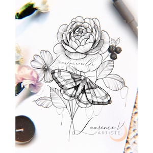 Tattoo Design | Instant Download | Moth and Flowers | Printable Tattoo Stencil