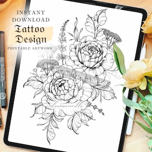 Peony Tattoo Design for Women | Digital Download Tattoo Stencil | Printable Tattoo Flash | Flower Tattoo Art | Graphic Design | Tattoo PNG