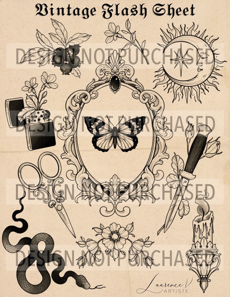 FLASH Design de tatouage Tattoo flash sheet Dessin pour tatouage à imprimer Design numérique Tatouage floral féminin délicat image 3