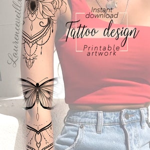 Sleeve Tattoo Design for Women | Flower Ornamental Butterfly Floral Bouquet Tattoo Ideas Drawing Stamps | Tattoo Stencil Flash Outline image 5