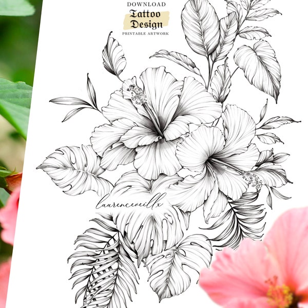 Tattoo Design for Women | Tattoo Drawing Stencil Outline | Ready to Download | Hibiscus Flower Monstera Leaf Tropical Botanical Tattoo Ideas