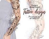 Tattoo design Floral Mandala Sleeve | Design fleur féminin numérique à imprimer, idée tattoo pour manche bras, tatouage unique pour femme