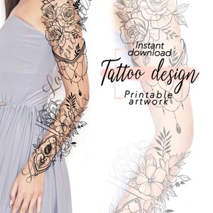 Tattoo design for women | Floral Mandala and Peony Flower Sleeve | Digital download Drawing | Printable Sleeve Stencil | Custom Tattoo