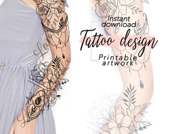 Tattoo design for women | Floral Mandala and Peony Flower Sleeve | Digital download Drawing | Printable Sleeve Stencil | Custom Tattoo