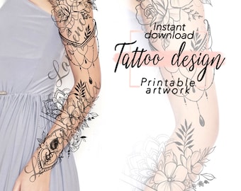 Tattoo design for women | Floral Mandala and Peony Flower Sleeve | Digital download Drawing | Printable Sleeve Stencil | Custom Tattoo