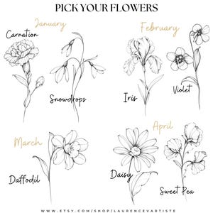 May include: A chart showing the birth month flowers. The flowers are illustrated in black and white. January: Carnation, February: Iris and Violet, March: Daffodil, April: Daisy and Sweet Pea.