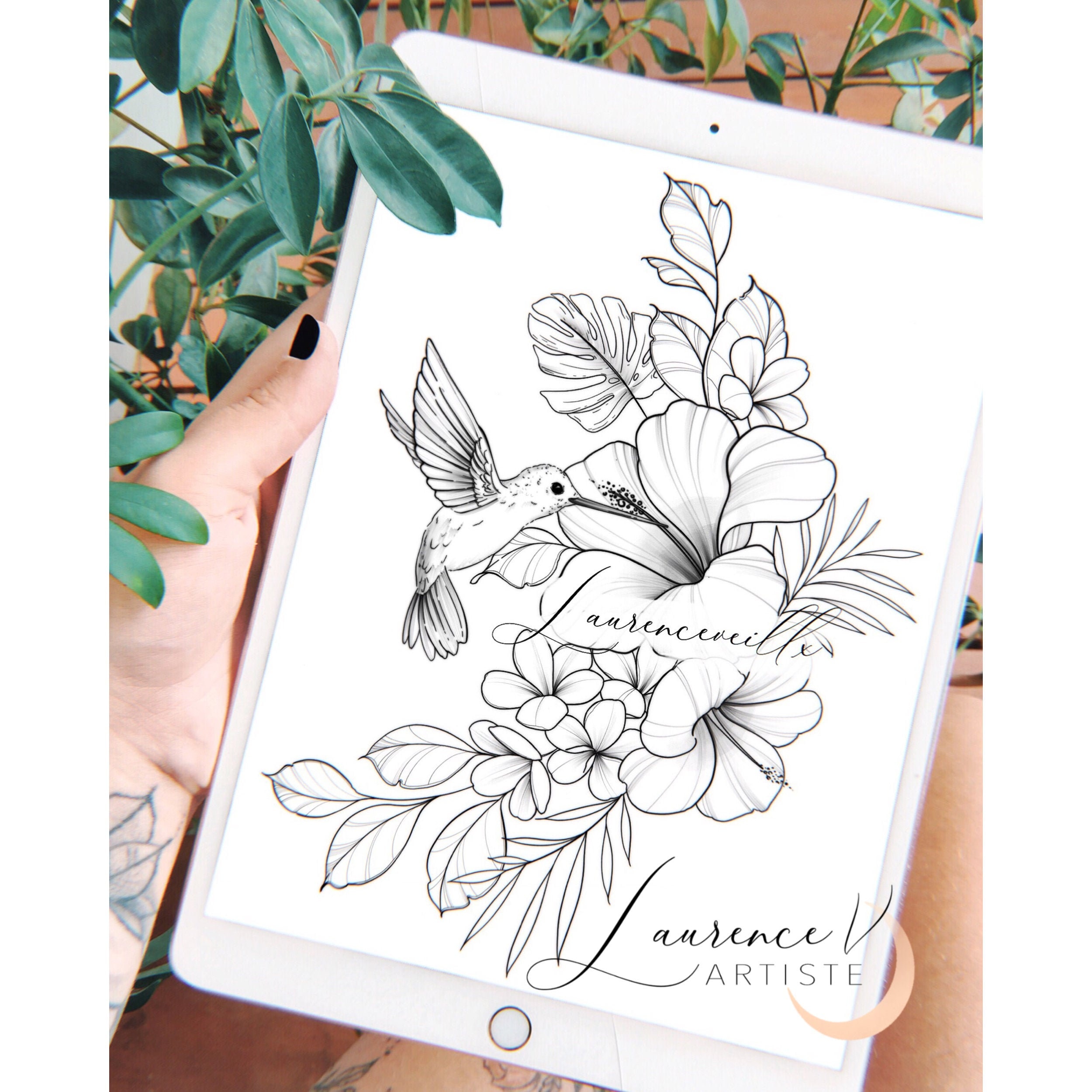Tattoo Design | Instant Download | Hummingbird Hibiscus and