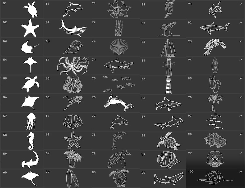 100 Procreate Stamps Tattoo Brushes Sea Ocean Animal Shell Fish Wave ...