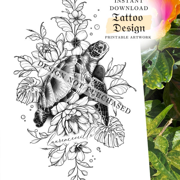 Turtle Tattoo Design for Women | Sea Animal Flower Tattoo Drawing Stamps | Tattoo Stencil Flash Outline | Printable Female Tattoo Design