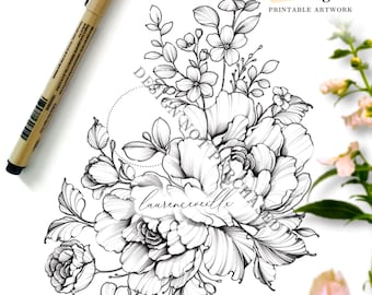 Puede incluir: Diseño de tatuaje en blanco y negro de línea de arte con una gran flor de peonía con flores y hojas más pequeñas. El diseño es perfecto para un tatuaje floral.