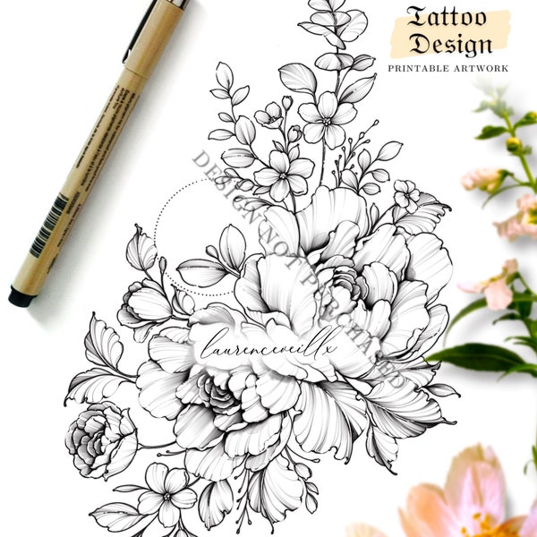 Tattoo Design for Women | Tattoo Drawing Stencil Outline | Ready to Download | Peony Leaves Dotwork Geometric Flowers Tattoo Ideas