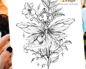 Tattoo Design for Women | Flying Key HP Inspired Fineline Tattoo Art Ideas | Wizard witchcraft Potterhead Tattoo Stencil | Tattoo Ticket