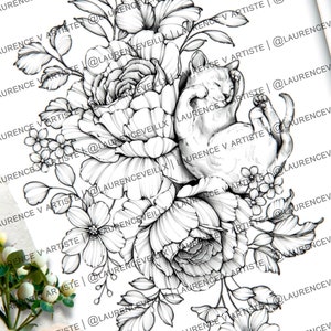 Cat Tattoo Design | Printable Cat Pet Memorial Peony Flower Bouquet Tattoo Stencil | Instant Digital Download | Wildflower Fine Line Art