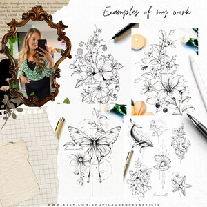 Pode incluir: Uma cole&ccedil;&atilde;o de ilustra&ccedil;&otilde;es em tinta preta e branca com desenhos bot&acirc;nicos de flores, folhas e bagas, uma tra&ccedil;a com detalhes florais e vida marinha, incluindo uma baleia, um polvo, uma concha e uma &acirc;ncora, exibidos como exemplos de trabalho.