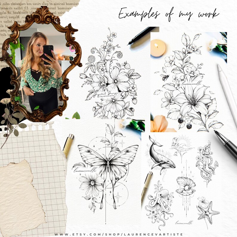 Pode incluir: Uma cole&ccedil;&atilde;o de ilustra&ccedil;&otilde;es em tinta preta e branca com desenhos bot&acirc;nicos de flores, folhas e bagas, uma tra&ccedil;a com detalhes florais e vida marinha, incluindo uma baleia, um polvo, uma concha e uma &acirc;ncora, exibidos como exemplos de trabalho.