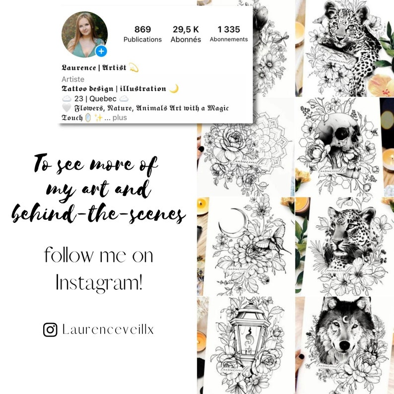 Puede incluir: Ilustraciones en blanco y negro de varios dise&ntilde;os de tatuajes, incluyendo una calavera, un lobo, un leopardo y flores. El texto "To see more of my art and behind-the-scenes follow me on Instagram! @Laurenceveillx" tambi&eacute;n est&aacute; incluido.