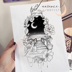 Printable Tattoo Design | Instant download tattoo design | Night Sky Beach and Flowers drawing, thigh sleeve tattoo, custom tattoo for women