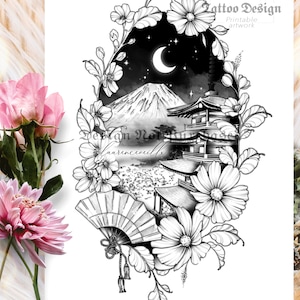 Tattoo Design | Instant Download | Japan Landscape and Cosmos Flowers | Tattoo Stencil |