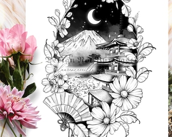 Puede incluir: Diseño de tatuaje en línea de arte en blanco y negro con una pagoda japonesa, el monte Fuji, una luna creciente, flores de cerezo y un abanico. El diseño está enmarcado por una corona de flores.