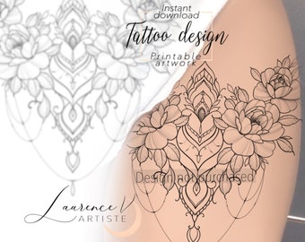 Instant download Tattoo Design | Flowers and Chains Tattoo | Printable Stencil Template