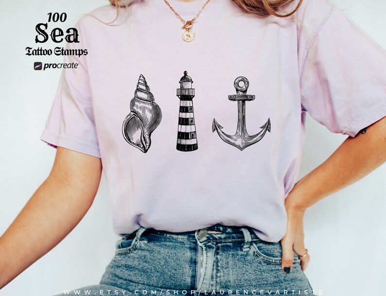 100 Procreate Stamps Tattoo Brushes Sea Ocean Animal Shell Fish Wave ...