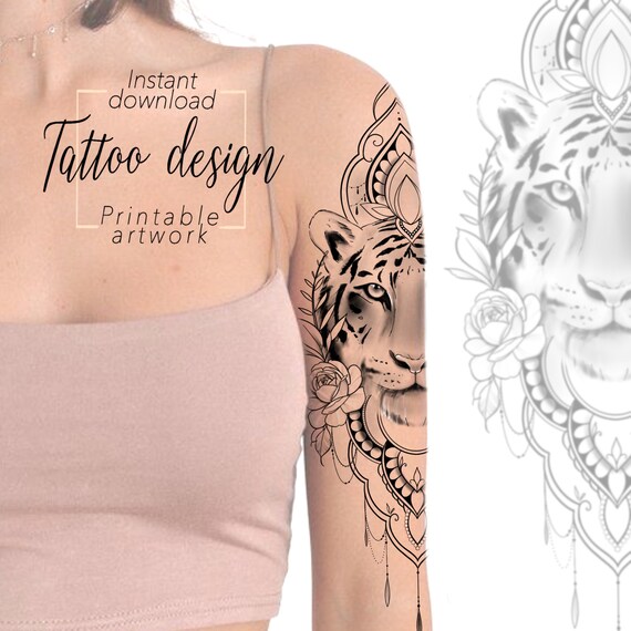 Tattoo Design Imprimable Lion Mandala Flower Motif Floral Féminin Fichier Numérique à Imprimer Tattoo Cuisse Unique Pour Femm