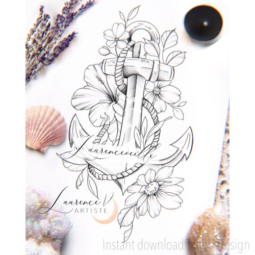 Instant Download Tattoo Design Anchor Hibiscus And Flowers Etsy