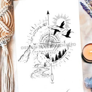 Compass Tattoo Design for Women | Flower Mountains Nature Compass Tree Bird Moon Tattoo Drawing Stamps | Tattoo Stencil Flash Outline
