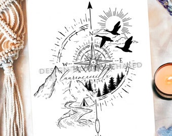 Puede incluir: Ilustración en blanco y negro de una brújula con una montaña, un río, una tienda de campaña y pájaros volando por encima. La brújula apunta al norte, sur, este y oeste. El texto "laurenceveillx" está escrito en cursiva.