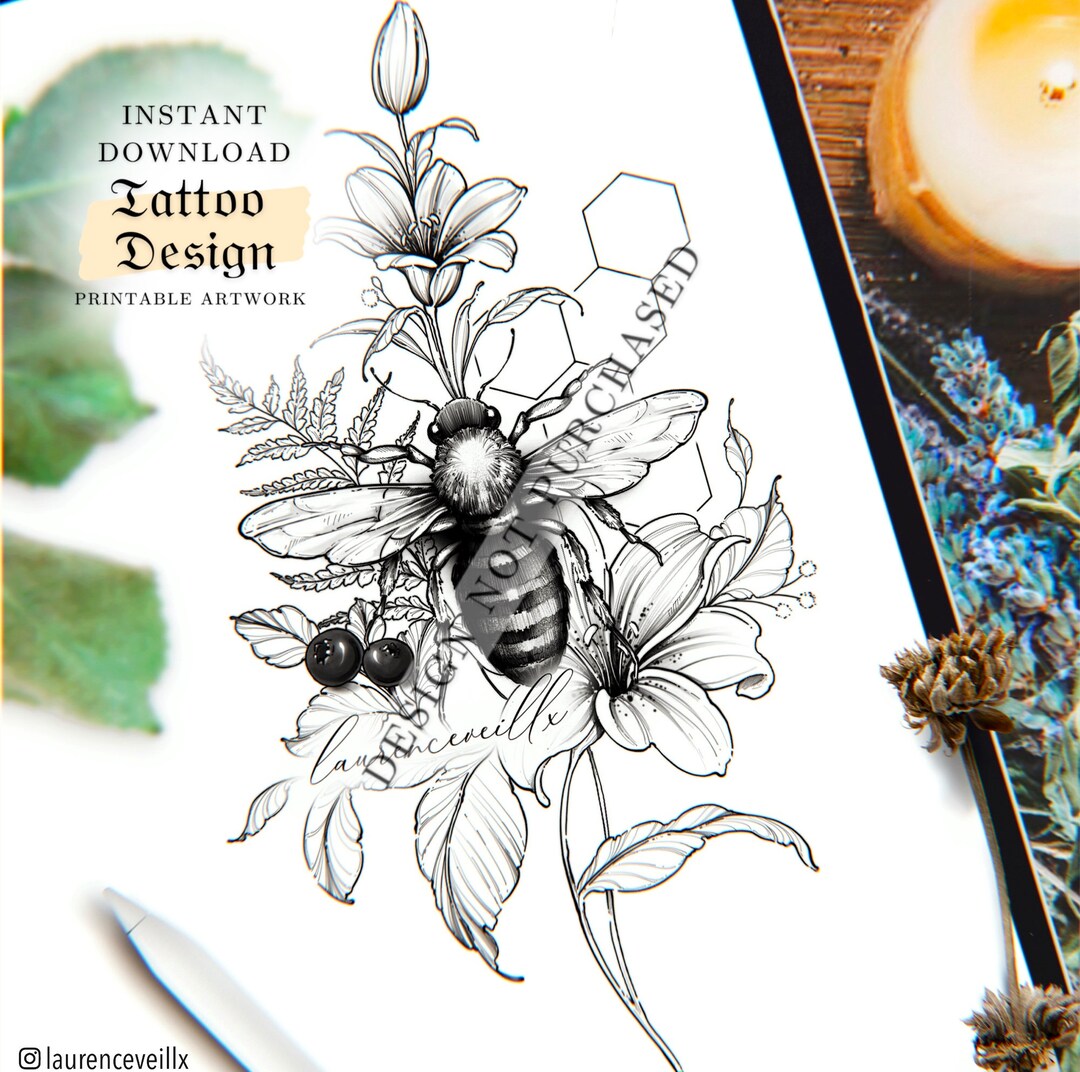 Instant Download Tattoo Design Bee Lily and Blueberry Printable Stencil ...