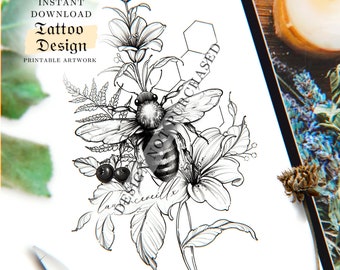 Diseño de tatuaje de abeja para mujer | Sellos de dibujo de tatuaje de panal floral de lirio | Plantilla de tatuaje con contorno | Diseño de tatuaje femenino