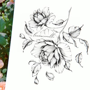 Rose Tattoo Design | Printable Rose Flower Floral Bouquet Tattoo Stencil | Instant Digital Download | June Birth Flower | Fine Line Art