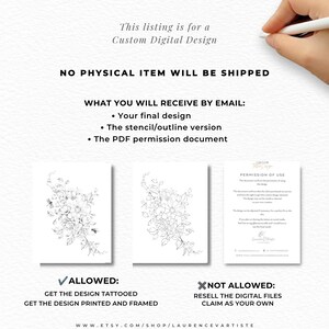 Pode incluir: Um an&uacute;ncio de design digital com texto indicando que &eacute; um design digital personalizado sem envio de itens f&iacute;sicos. Inclui um design final, um contorno de est&ecirc;ncil e um documento de permiss&atilde;o em PDF com &iacute;cones de uso permitido e proibido.